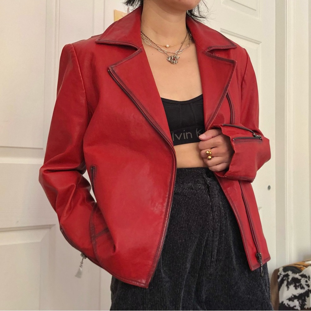 crimson red leather moto jacket size S, lamb leather jacket